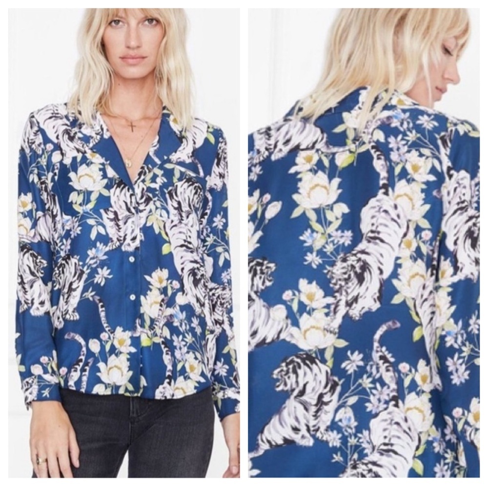Anine Bing BLAIR SILK SHIRT IN TIGER IN BLUE, DENIM